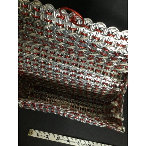 Handmade Aluminum Pop Tab Bag Purse Red String Accents Button Closure - Picture 8 of 8